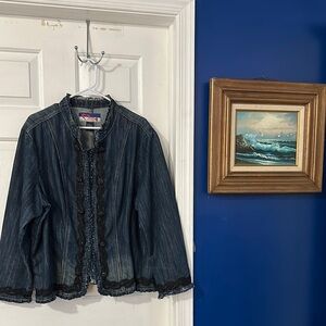 Women's Mwah Black Lace Sequin Buttons Ruffle Denim Jacket Size 2X